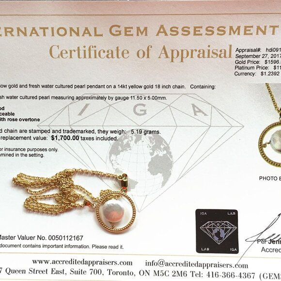 Pretty 14K Yellow Gold Genuine Floating Coin Pearl Necklace with 14K Rolo Chain - Picture 3 of 9